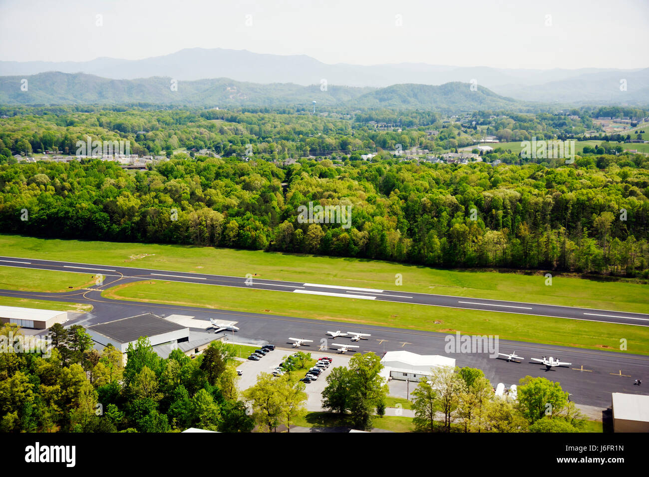 Sevierville Tennessee,Smoky Mountains,Gatlinburg Pigeon Forge Airport,aerial overhead view from above,runway,TN080501051 Stock Photo