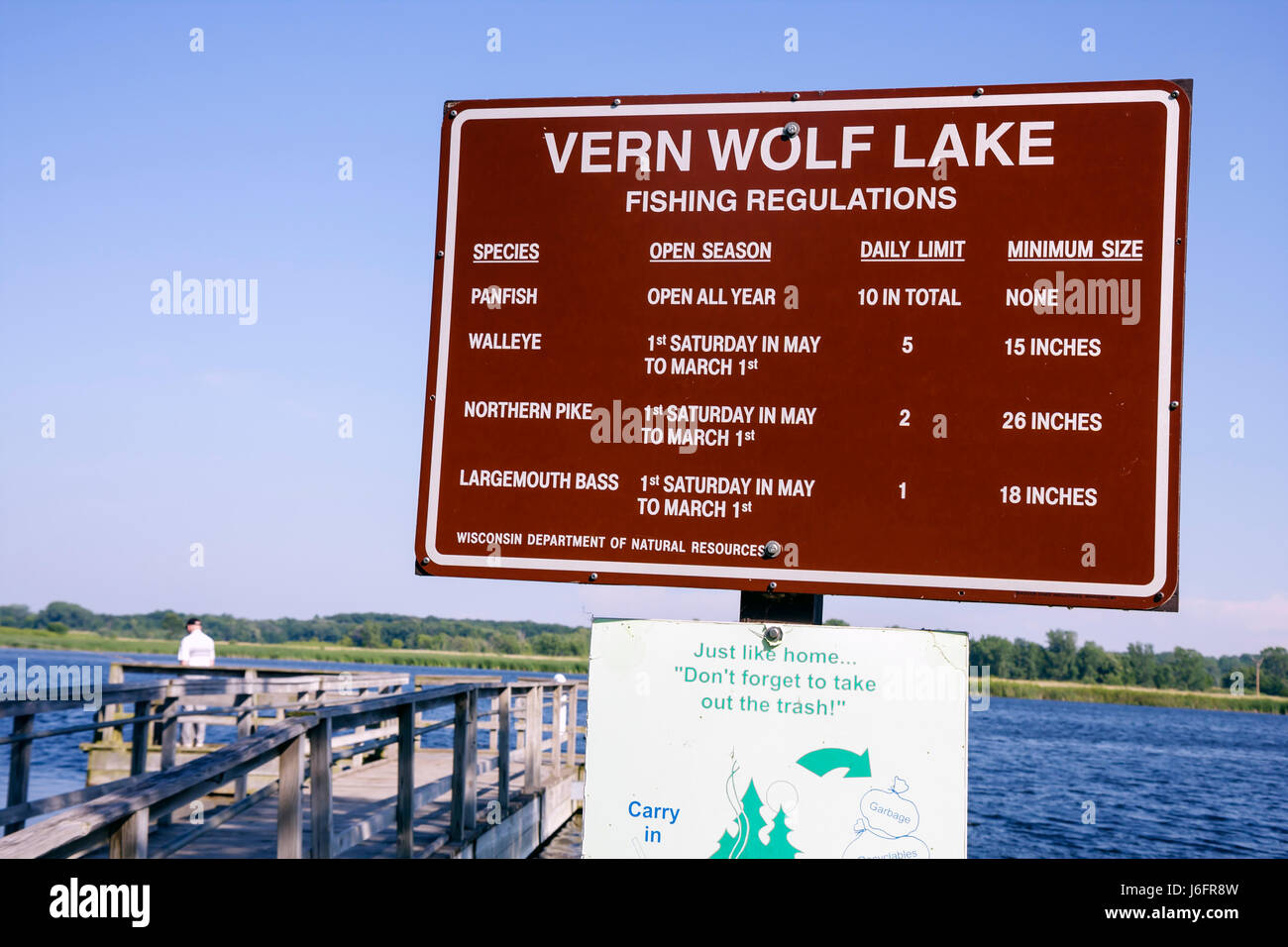 Kenosha Wisconsin,Kansasville,Richard Bong State Recreation Area,Vern Wolf Lake,fishing,sign,logo,regulations,season,species,limits,natural resources, Stock Photo