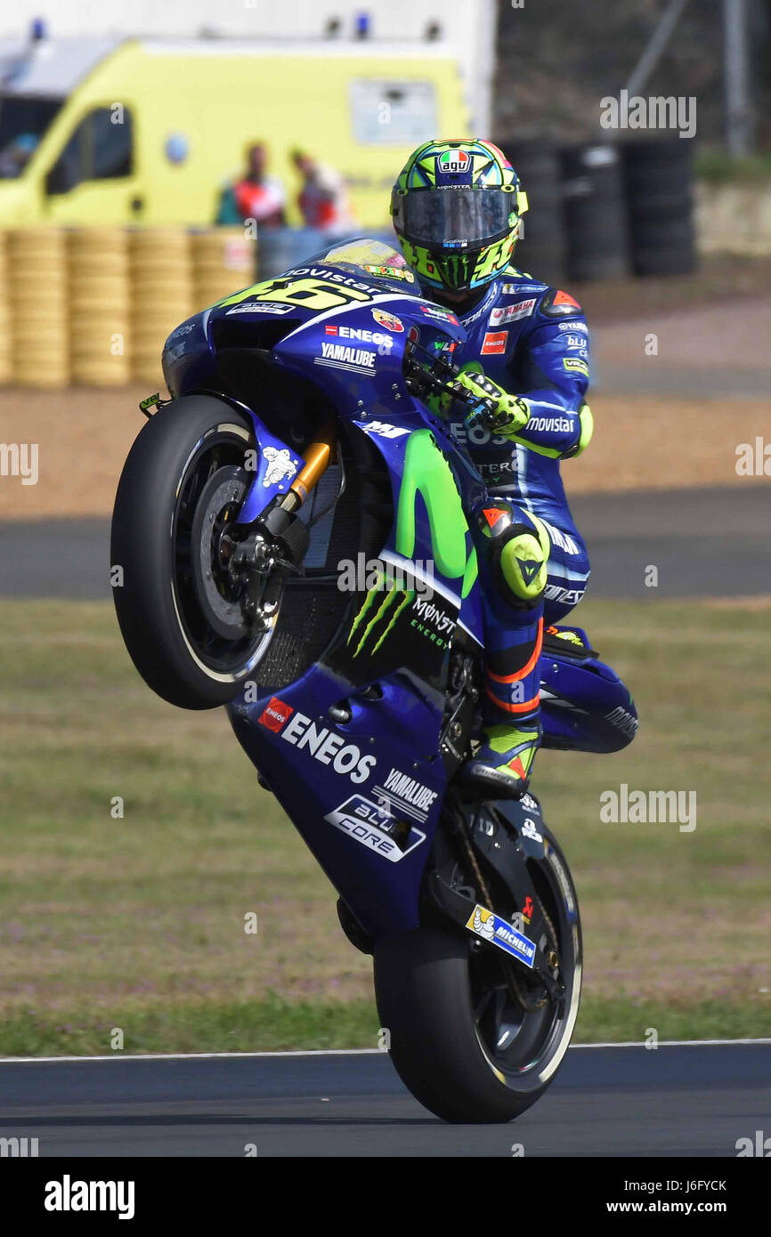 Le Mans, France. 20th May, 2017. Valentino Rossi of Italy and Movistar  Yamaha MotoGP lifts the front wheel during the MotoGp of France -  Qualifying on May 20, 2017 in Le Mans,