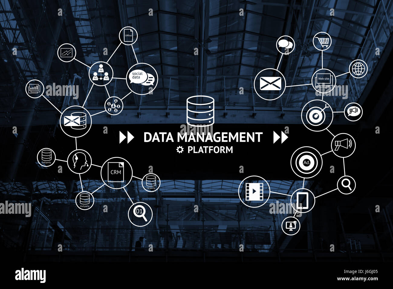 Data Management Platform (DMP) concept. Infographic , texts and icons on blue abstract building background. Marketing and crm concept Stock Photo