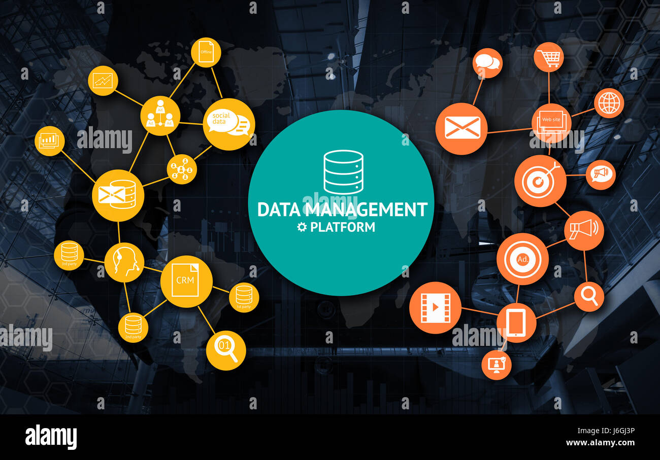 Data Management Platform (DMP) concept. Infographic , texts and icons on blue abstract background. Marketing and crm concept Stock Photo