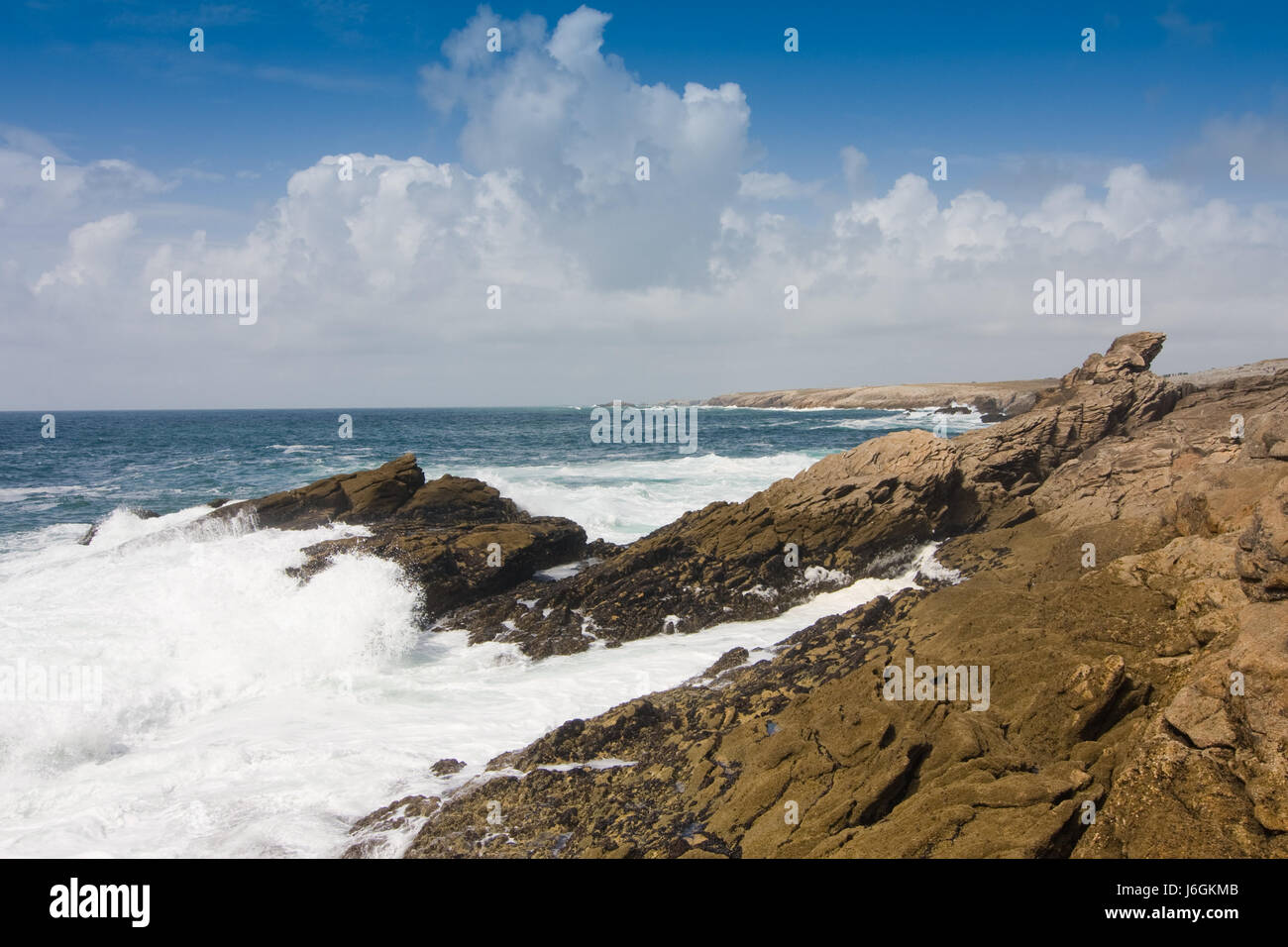 rock coast surf horizon wild beach seaside the beach seashore waves rock france Stock Photo