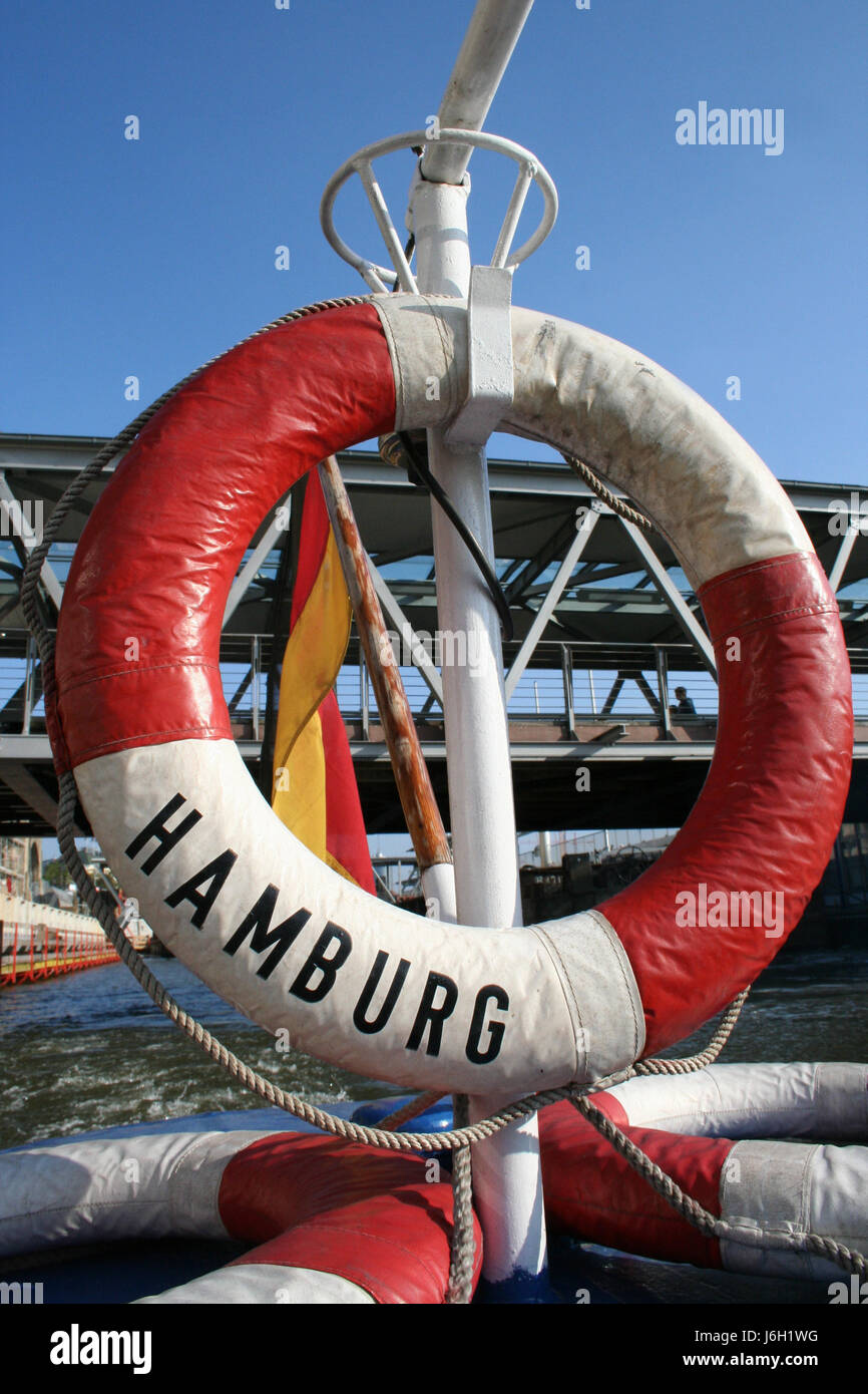 hamburg elbe lifebelt waters hamburg Hanseatic city gangplanks flag elbe Stock Photo