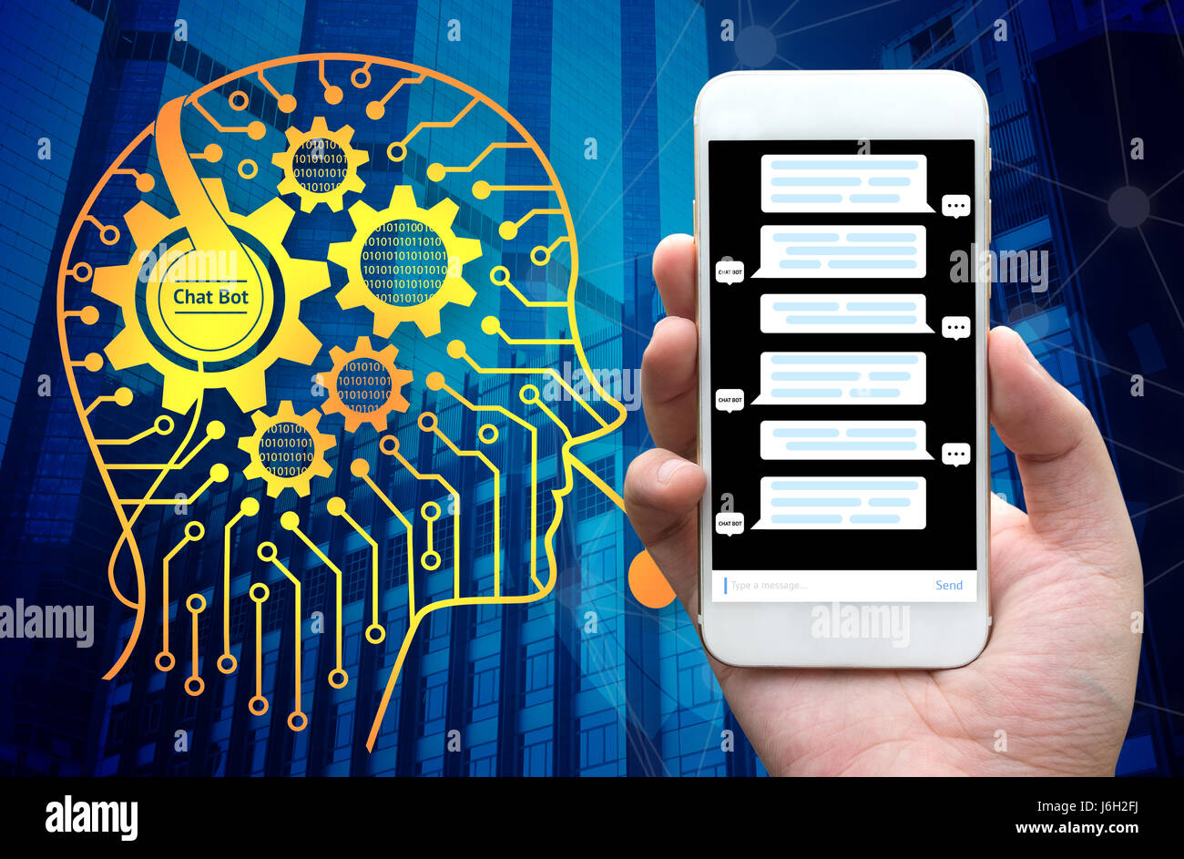 Chat bot and future marketing infographic concept , Man holding mobile ...