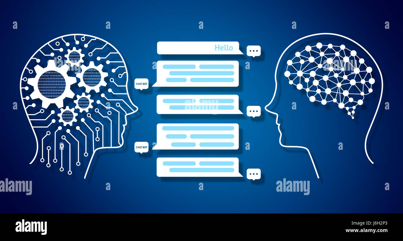 Chat bot and future marketing infographic concept , Automatic graphic  chatbot message screen. Robot and human graphic , gears ,binary coded and  electr Stock Photo - Alamy