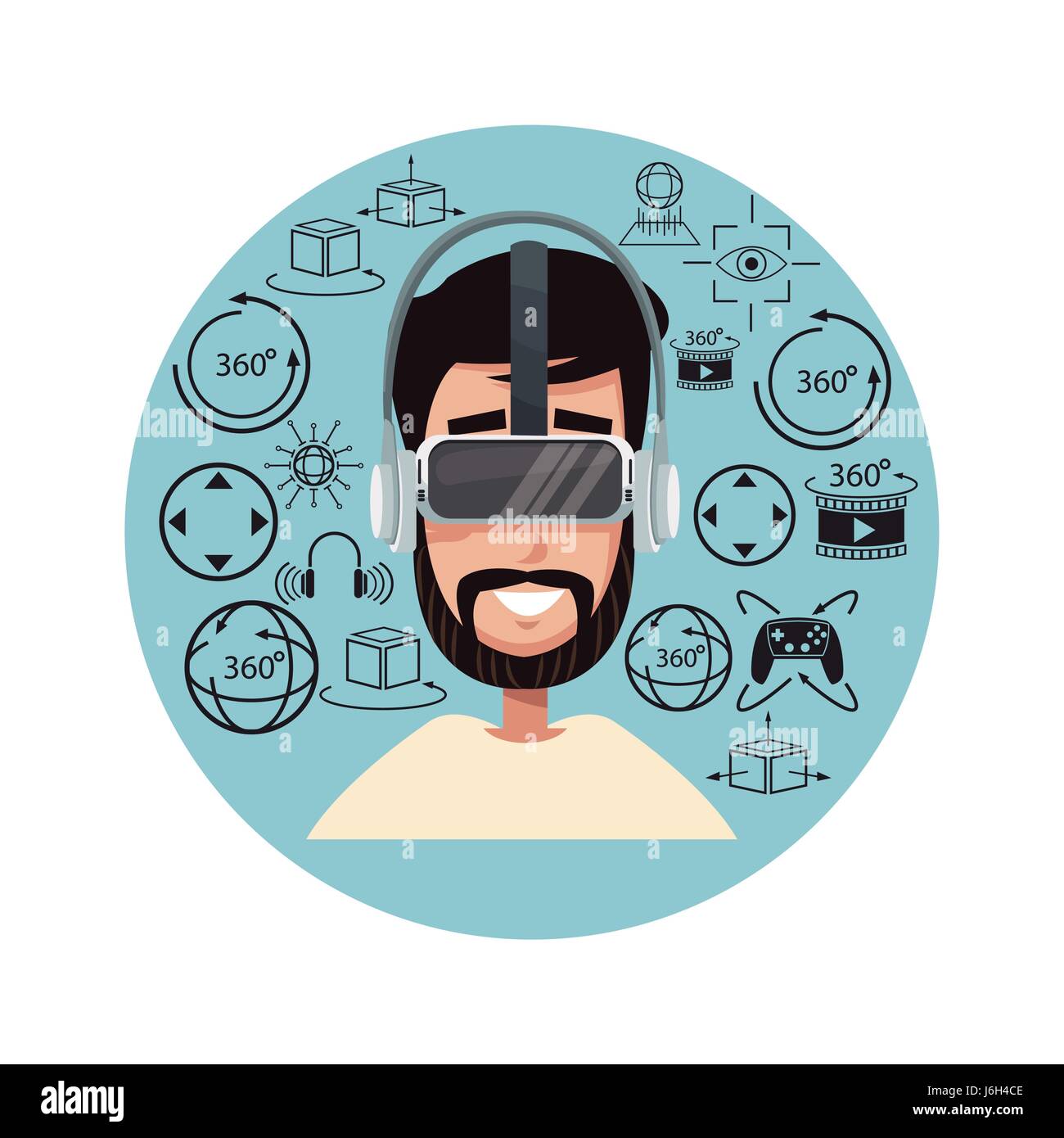 young man virtual reality using helmet headset interactive digital ...