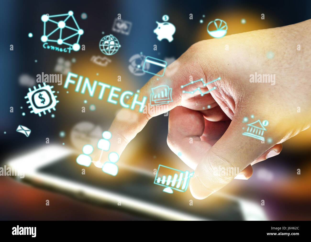 Fintech Investment Financial Internet Technology Concept. Smartphone , finger , icon and abstract background Stock Photo