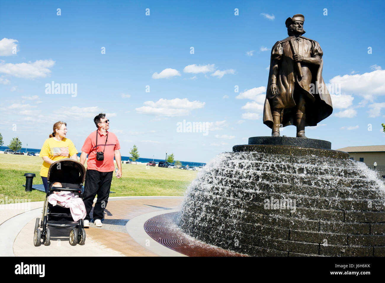 Wisconsin Kenosha County,Kenosha,Harbor Park,Christopher Columbus,statue,public fountain,man men male,woman female women,baby babies child children,fa Stock Photo