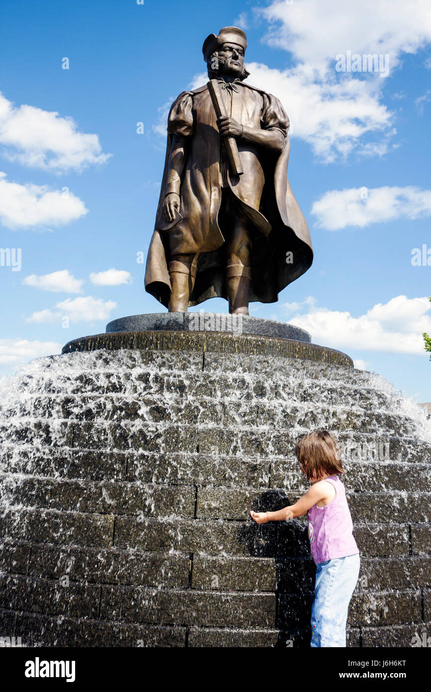 Kenosha Wisconsin,Harbor Park,Christopher Columbus,statue,public fountain,girl girls,youngster youngsters youth youths female kid kids child children, Stock Photo