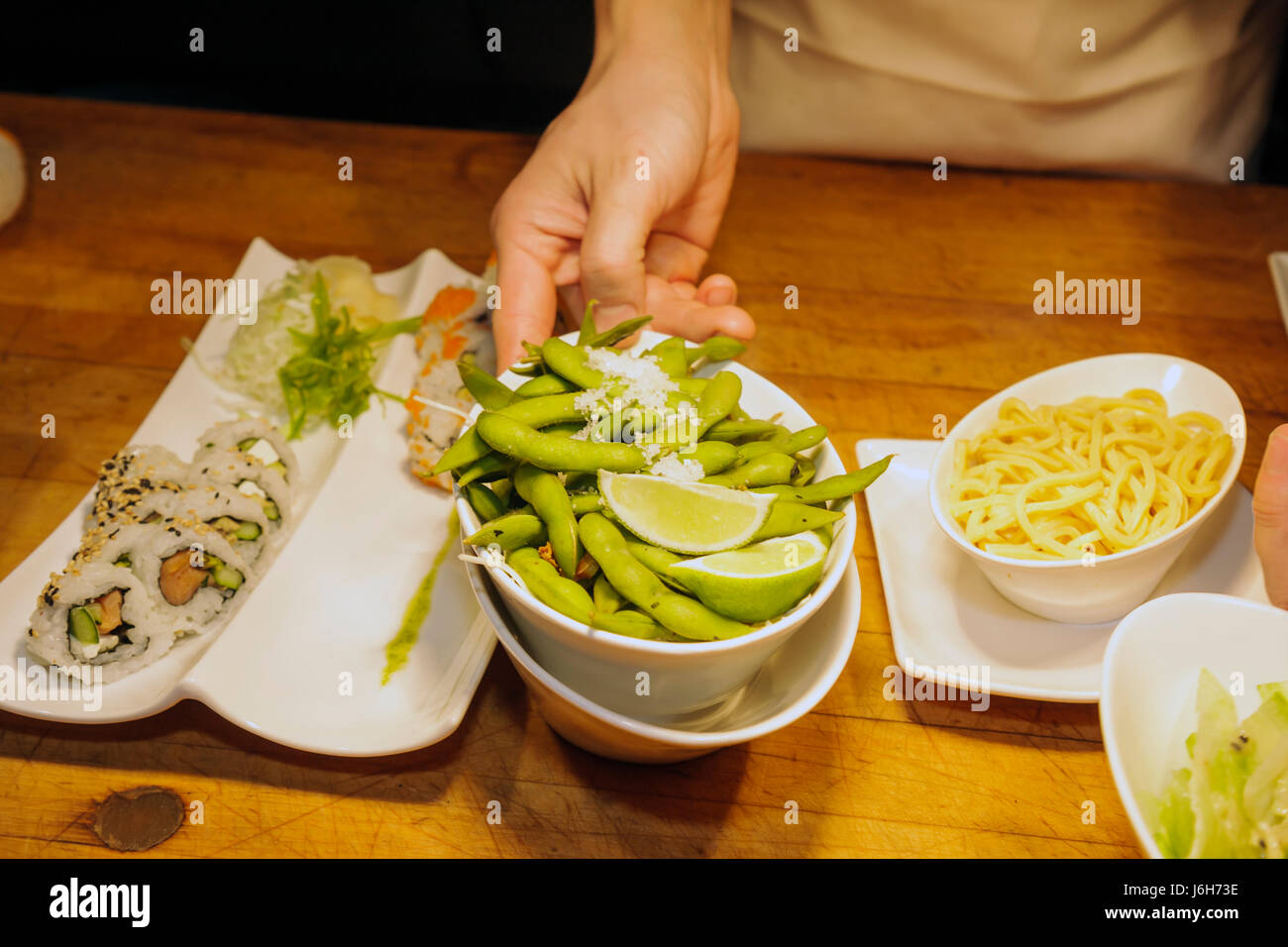 Roanoke Virginia,Campbell Street,Metro,restaurant restaurants food dining cafe cafes,American cuisine,Asian plate,edamame,sushi roll,noodles,dining,fo Stock Photo