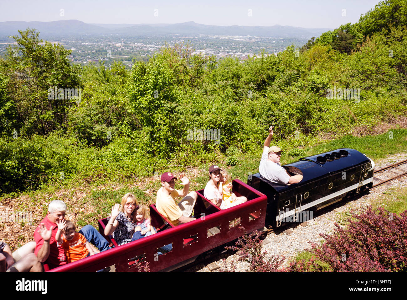 Roanoke Virginia,Mill Mountain Zoo,miniature train ride,Blue Ridge Mountains,Appalachian,waves,water,family families parent parents child children,VA0 Stock Photo