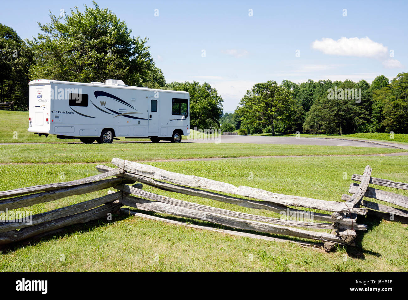 Blue Ridge Parkway Virginia,Appalachian Mountains,Groundhog Mountain,split rail fence,RV,camper,caravan,recreational vehicle,motor home,visitors trave Stock Photo