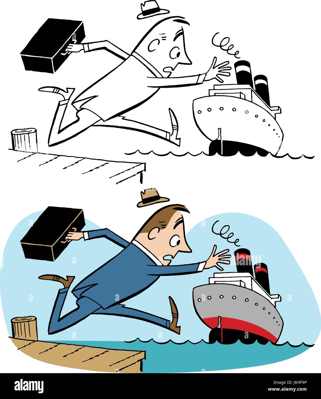 A late man tries to catch the boat that he missed. Stock Vector