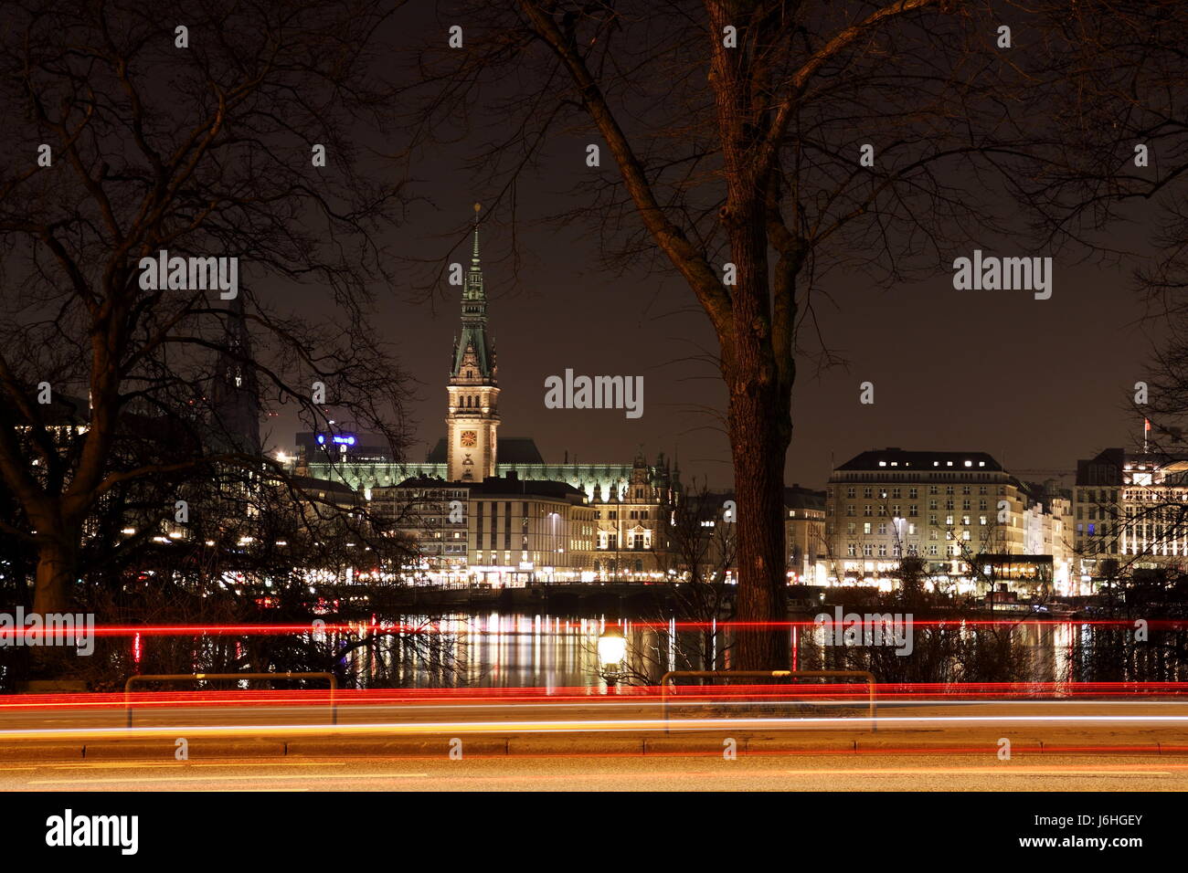 night nighttime night photograph hamburg town hall tower city town metropolis Stock Photo