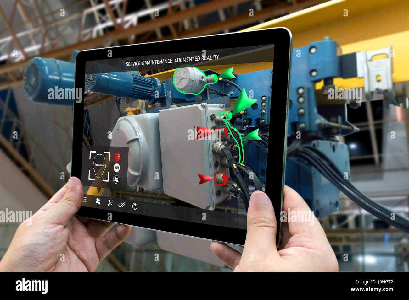 Industrial 4.0 , Augmented reality concept. Hand holding tablet with AR ...