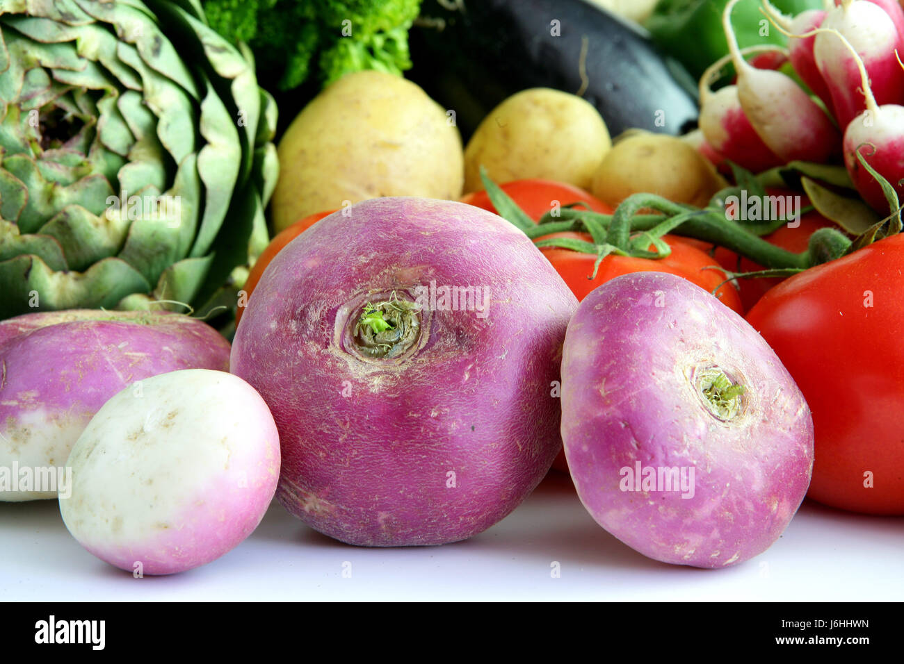 food aliment horizontal tomatoes tomatos potatoes turnips bunch of radishes Stock Photo