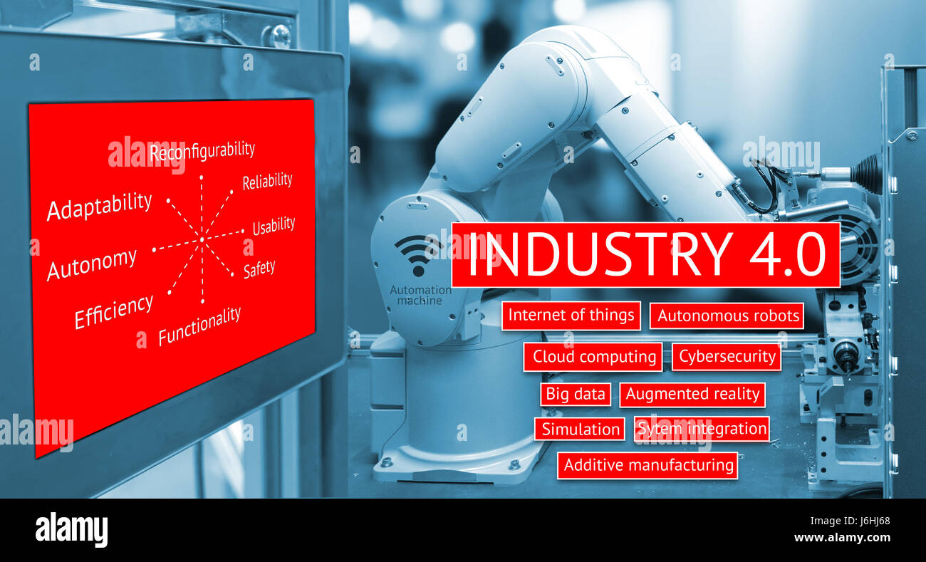 Industry internet of things ,Cyber Physical Systems concept , Automate wireless Robot arm and industrial display instruments in smart factory and indu Stock Photo