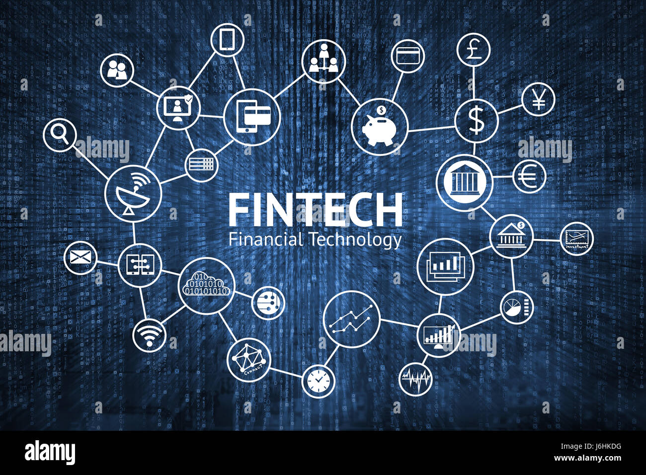 Fintech Internet Concept. text and Investment Financial Technology icons with blue matrix coded background Stock Photo