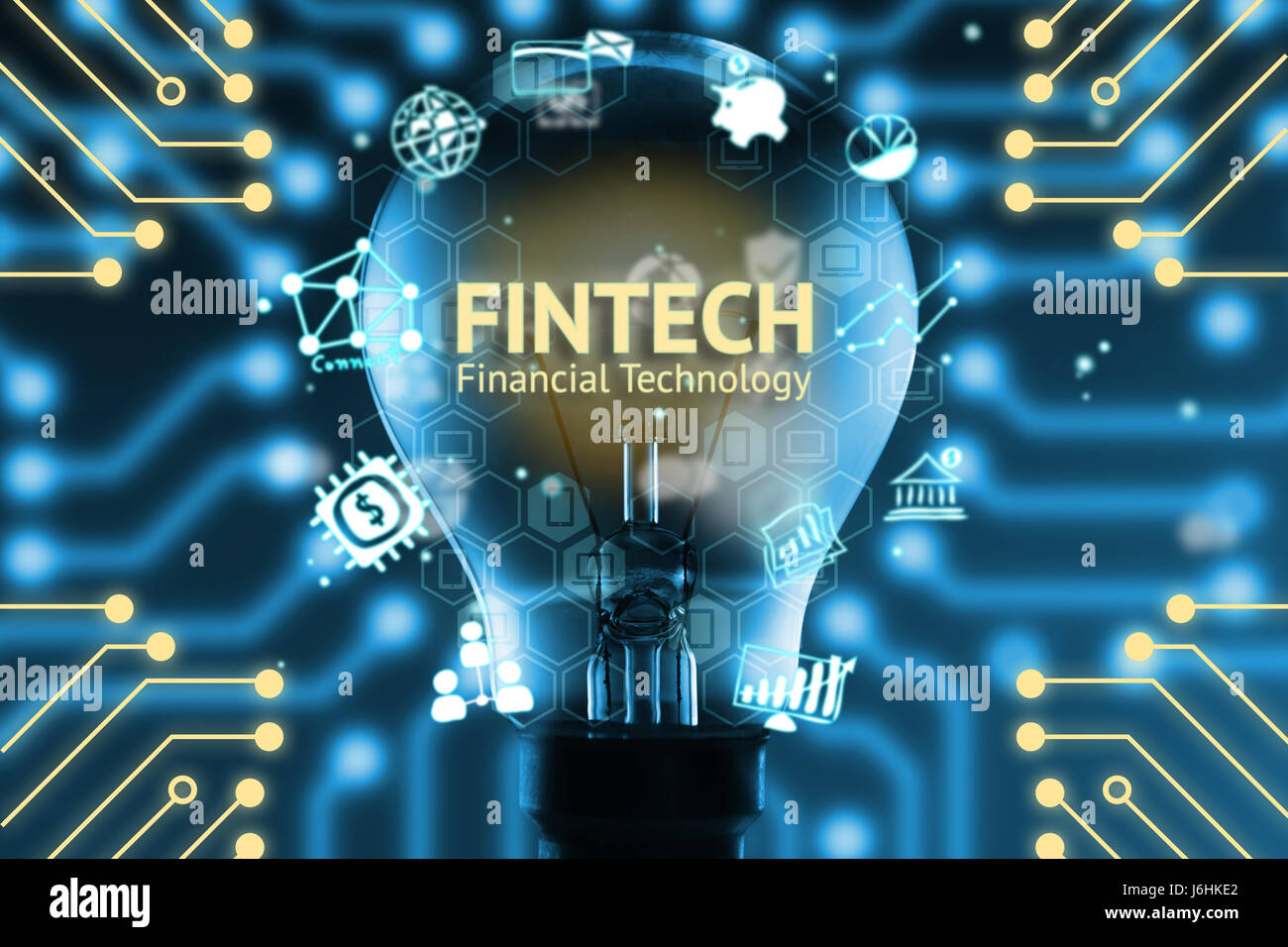 Fintech concept . Icons of financial technology and bank . Light bulb , Infographic , texts and icons. Electric circuits graphic with blue background Stock Photo