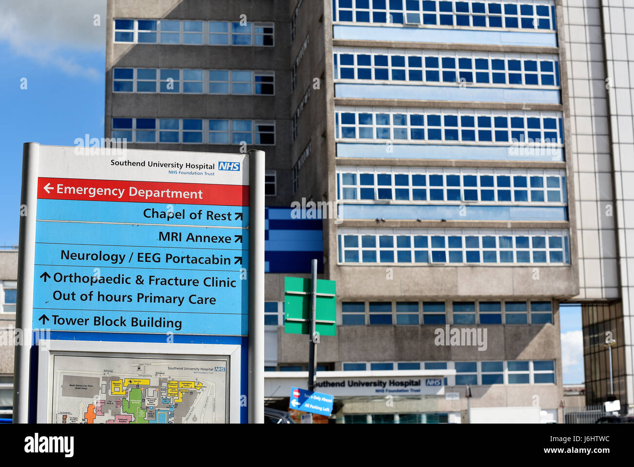 Southend University Hospital, Essex, UK information board with