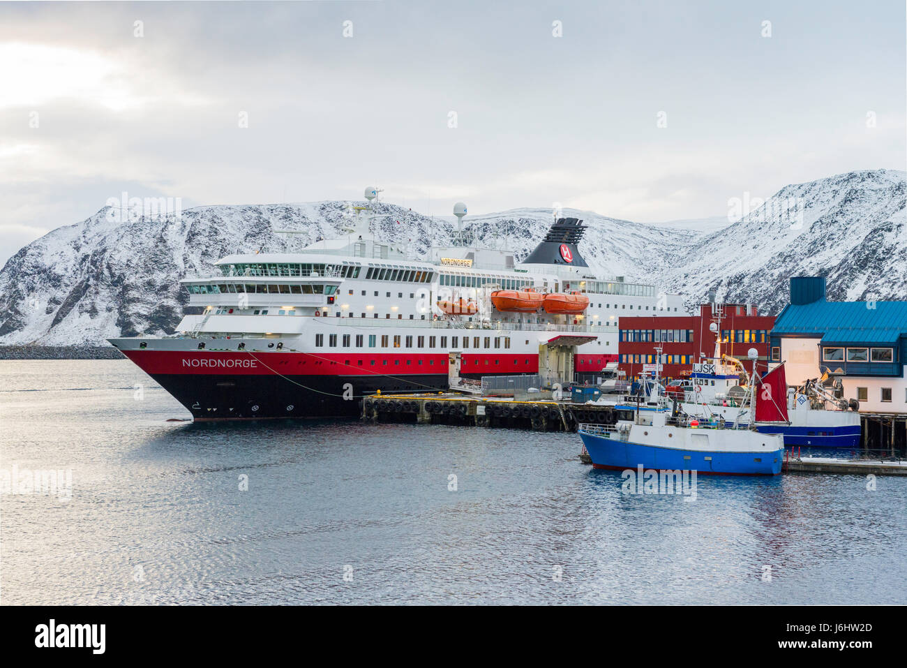 Hurtigruten Coastal Express cruise ship MS Nordnorge is berthed at Honningsvåg, Finnmark County, Norway. Stock Photo