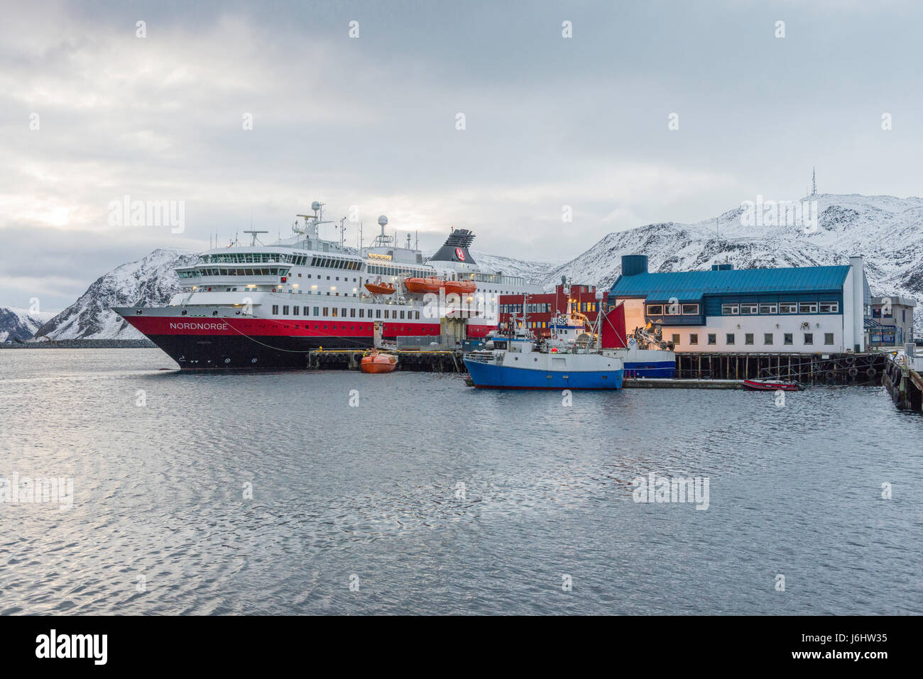 Hurtigruten Coastal Express cruise ship MS Nordnorge is berthed at Honningsvåg, Finnmark County, Norway. Stock Photo