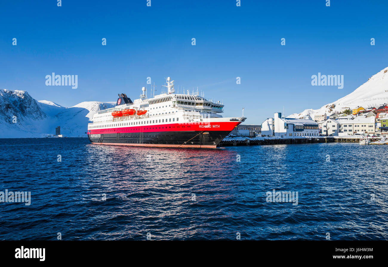 Hurtigruten Coastal Express cruise ship MS Richard With is berthed at Honningsvåg, Finnmark County, Norway. Stock Photo