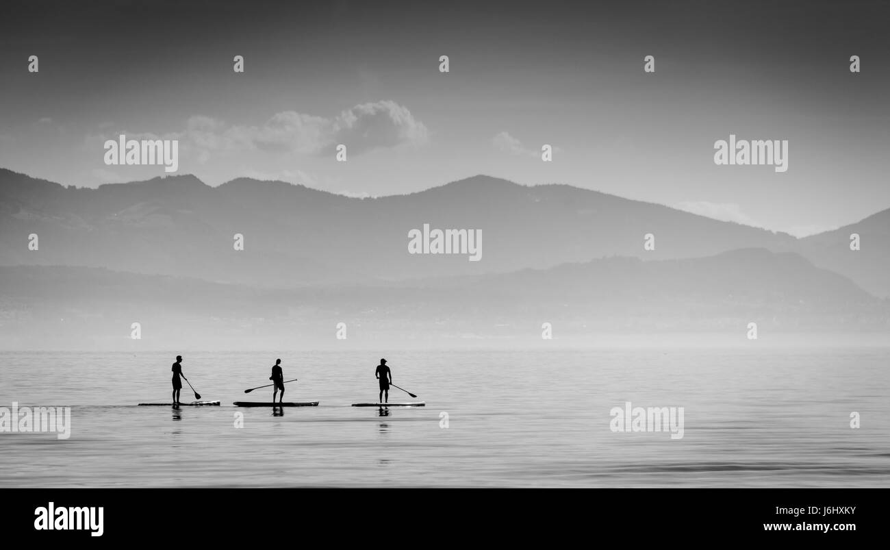 Paddle Boarders on Lac Léman - Lac de Genève, Lausanne, Switzerland Stock Photo