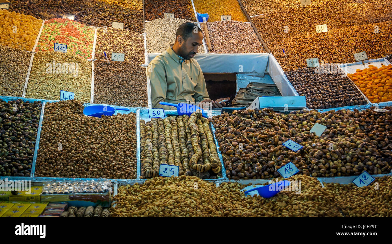 Dried fruit for sale, Souk in the Medina, Marrakech, Morocco, North Africa, Africa Stock Photo