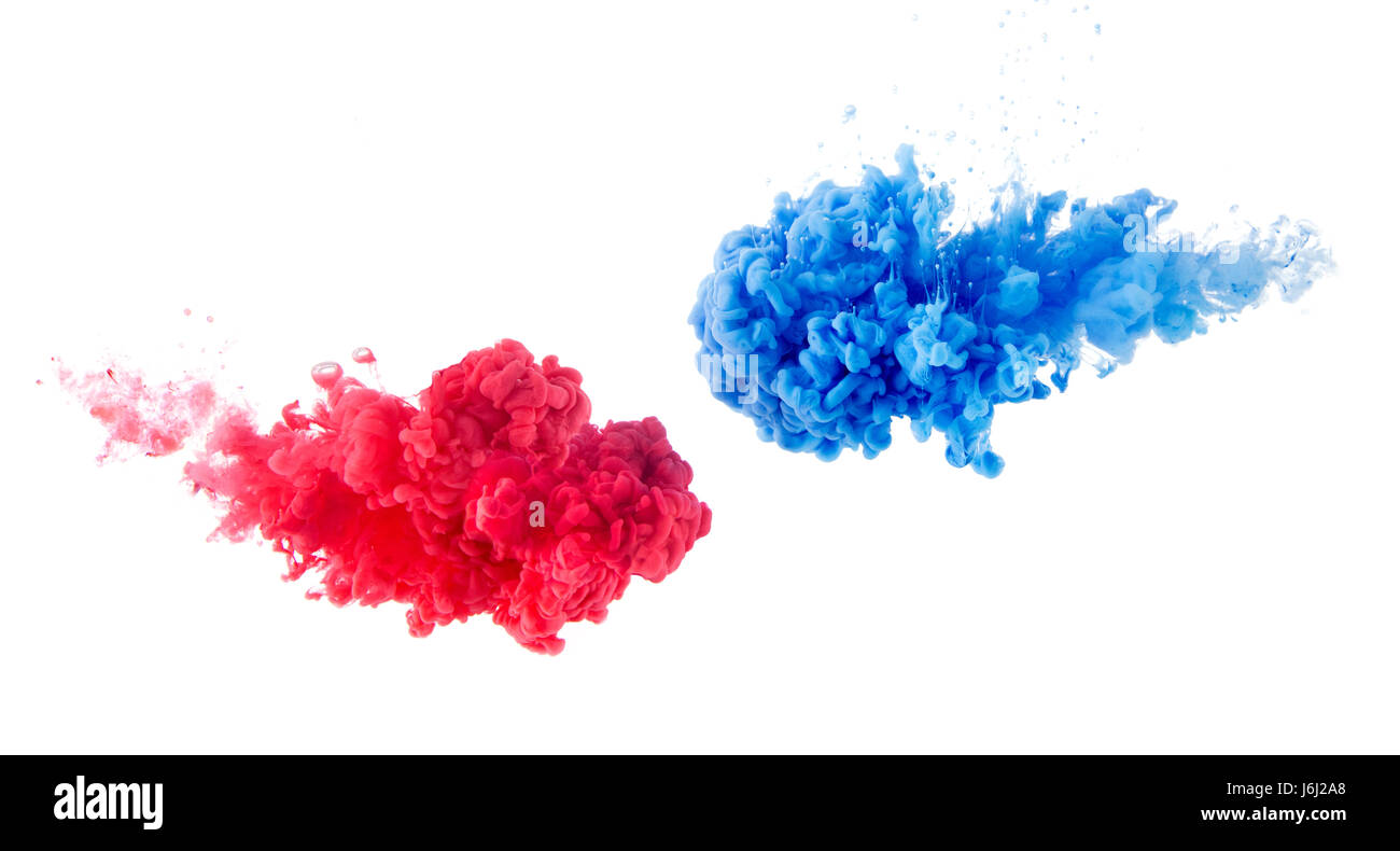 mix of red and blue ink splashes on white background Stock Photo - Alamy