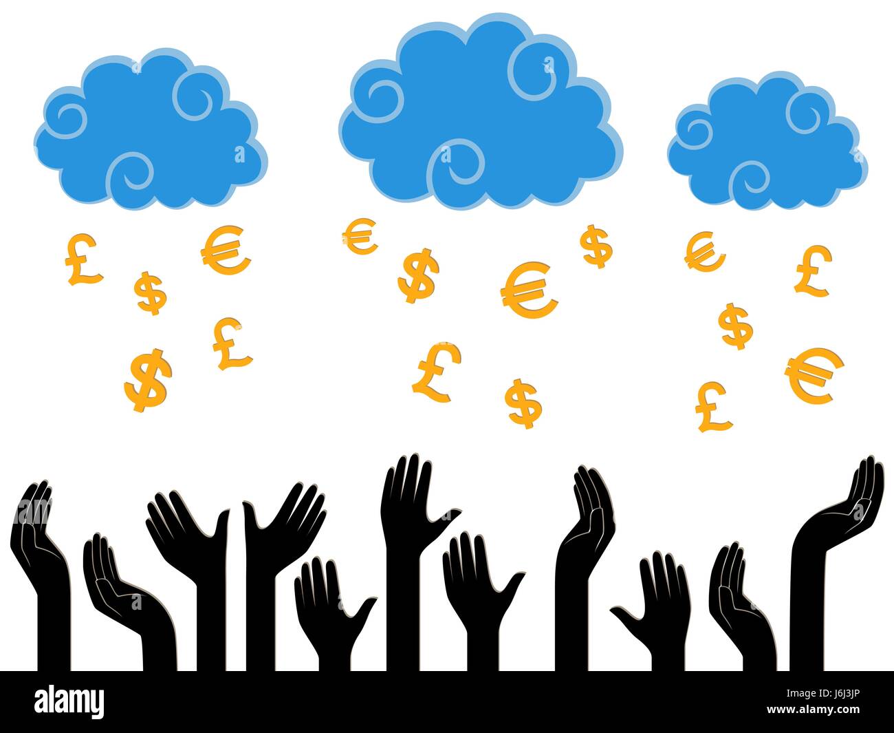 Dollars, Pounds and Euro falling from the Heaven in the human hands, stylised conceptual vector illustration Stock Vector