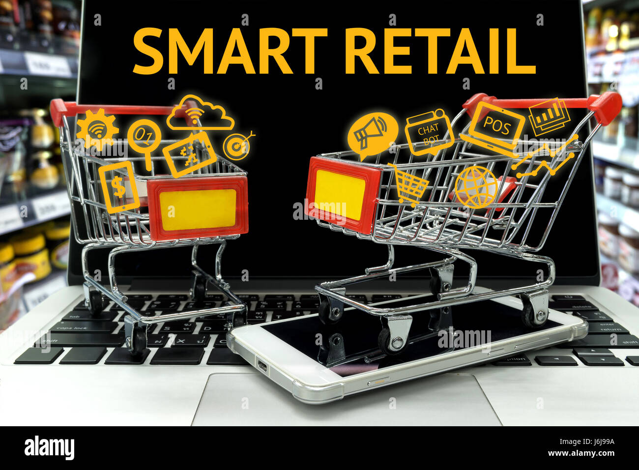 Data Management Platform marketing crm and smart retail concept. Infographic and texts with two shopping carts on smart phone laptop in retail shop ba Stock Photo