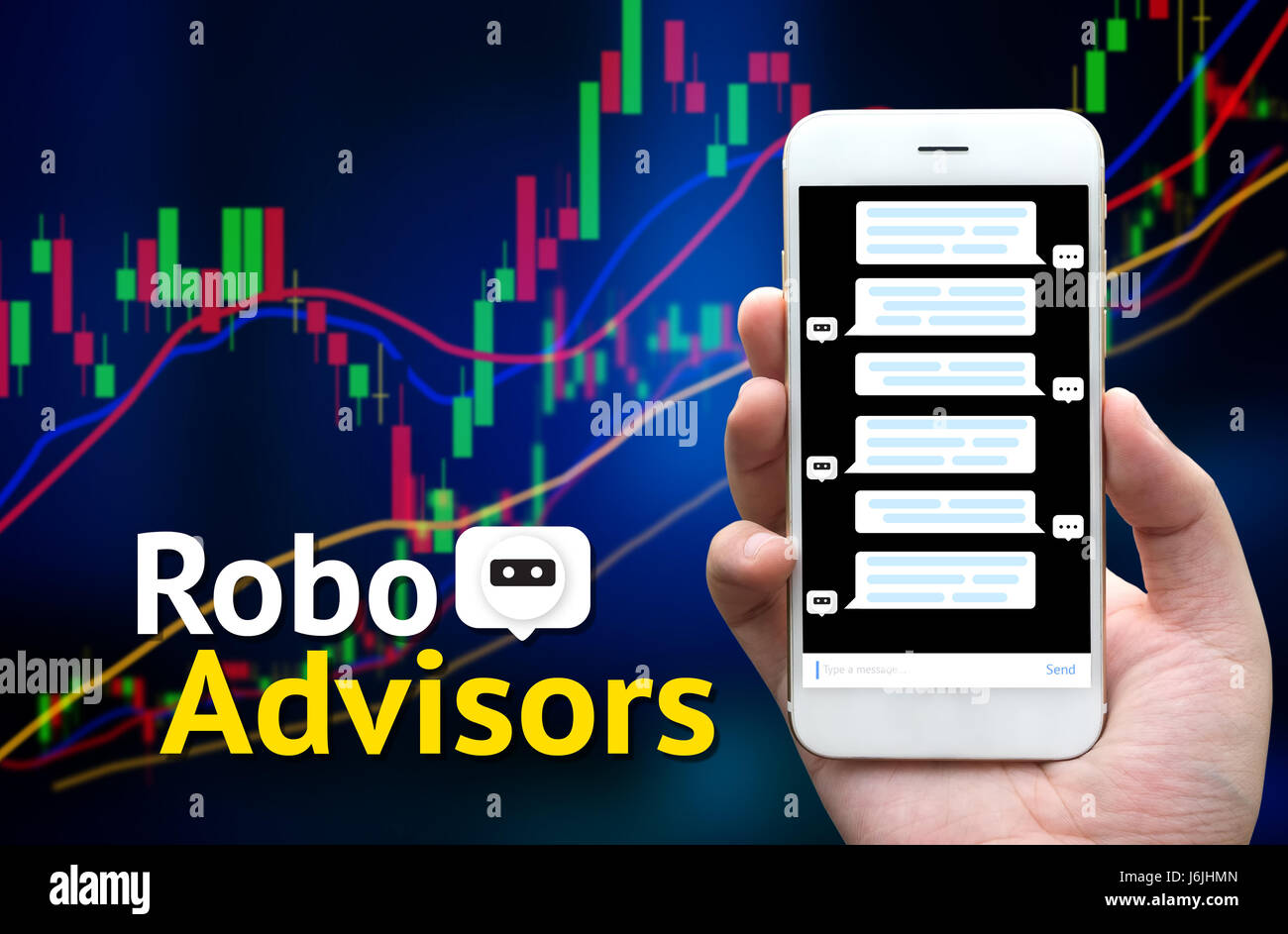 Cyber communication and robotic concepts. robo advisor concept. Text and hand holding smart phone with chat bot screen. blur stock market chart backgr Stock Photo
