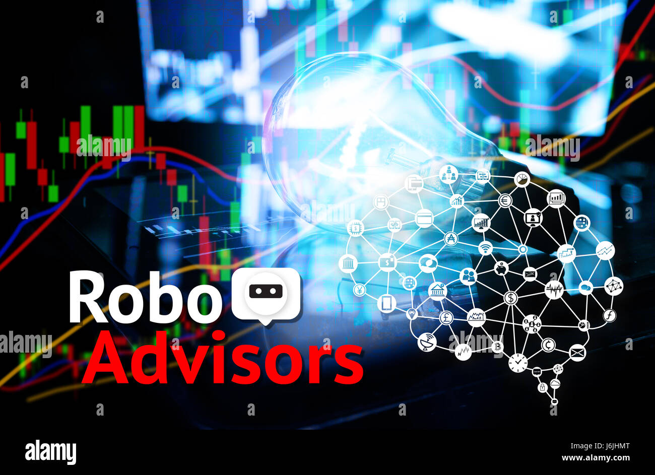 Cyber communication and robotic concepts. robo advisor concept. Text and brain icons with abstract light bulb and blur stock market chart background Stock Photo