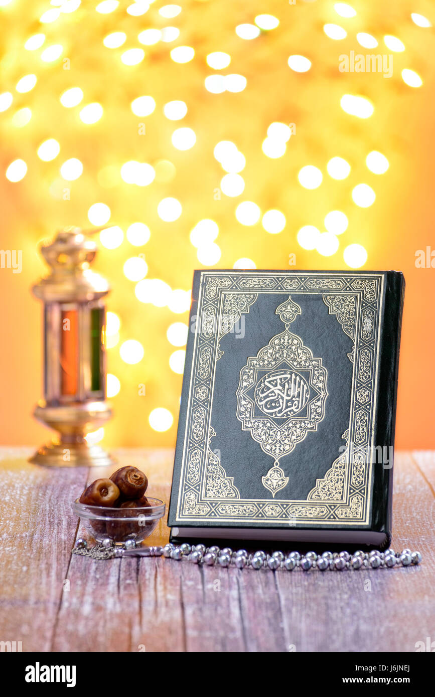 Traditional Islamic Ramadan Icons Over Defocused Festive Lights Stock Photo