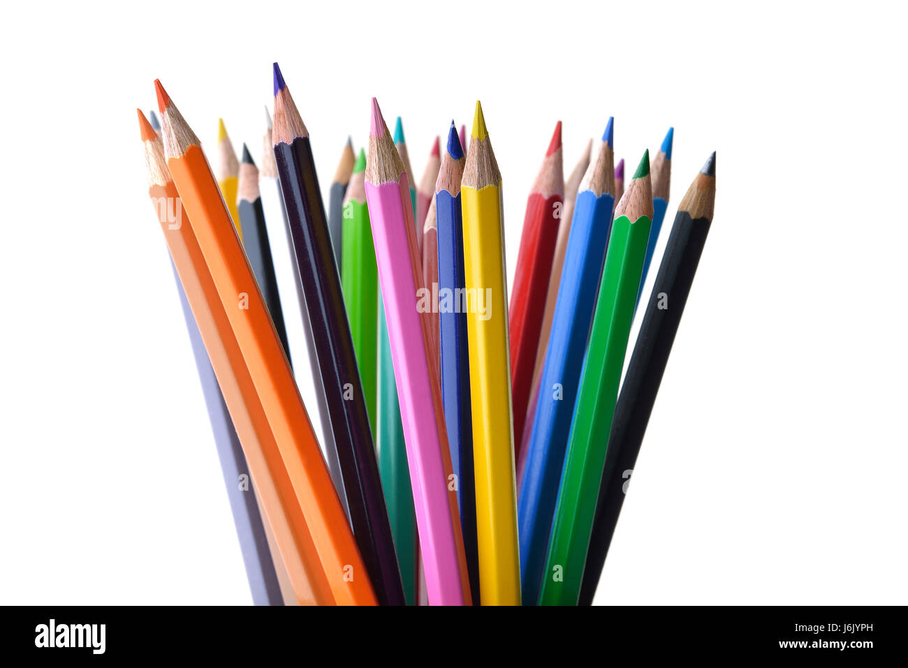 Front View of Assorted Colored Pencils on White Background Stock Photo