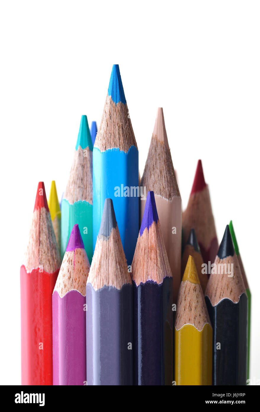 Front View of Multicolored Pencils Shot in Studio on White Background Stock Photo