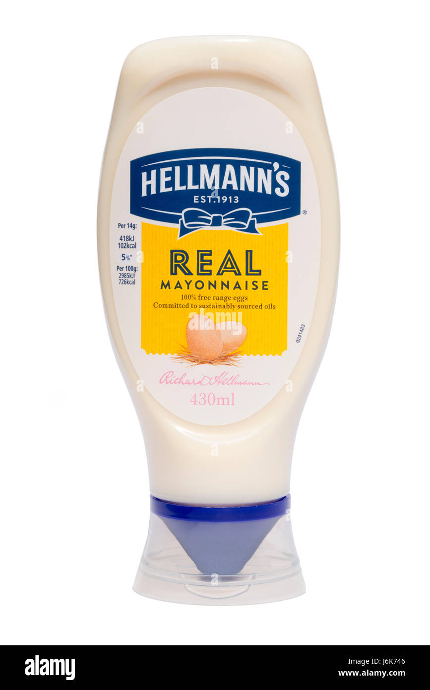 Hellmann's mayonnaise in a plastic bottle with new label 2017. Cut out or isolated against a white background. Stock Photo