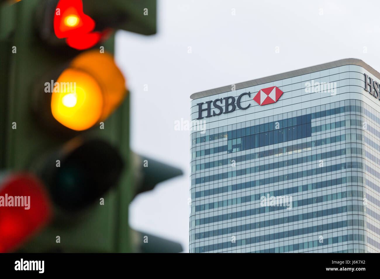 Traffic lights next to HSBC bank Stock Photo