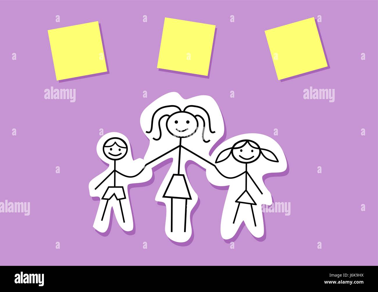 Mother with children holding hands. Happy mother's day card. Mother, son, daughter with place for names. Post it notes. Hand drawn. Vector Stock Vector