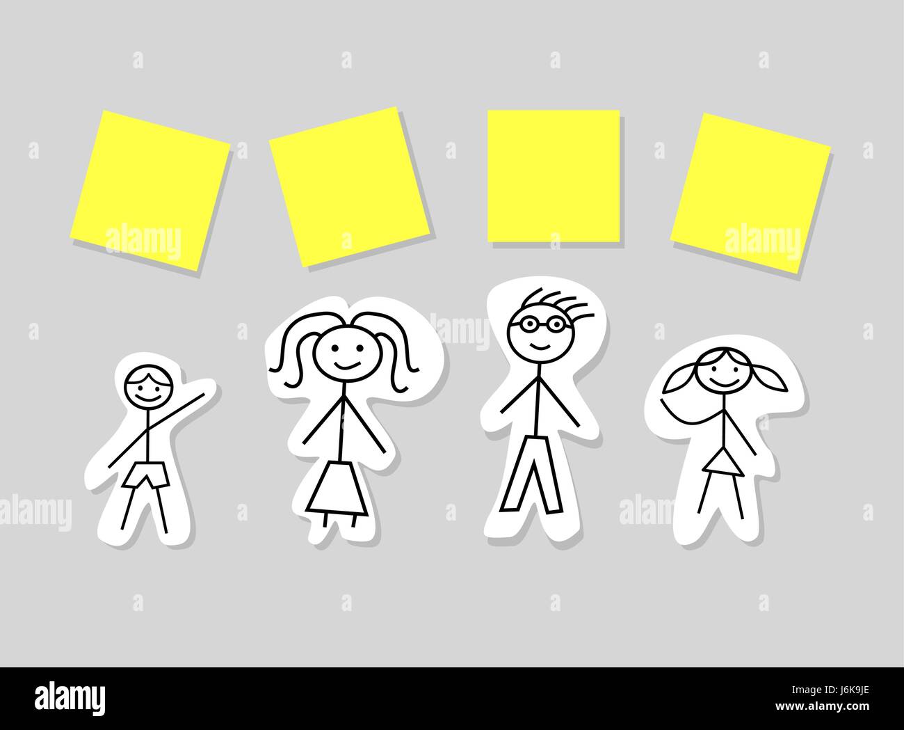 Happy family with place for names. Mother, father, girl and boy smiling. Cartoon family with post it notes. Hand drawn. Children drawing style. Vector Stock Vector