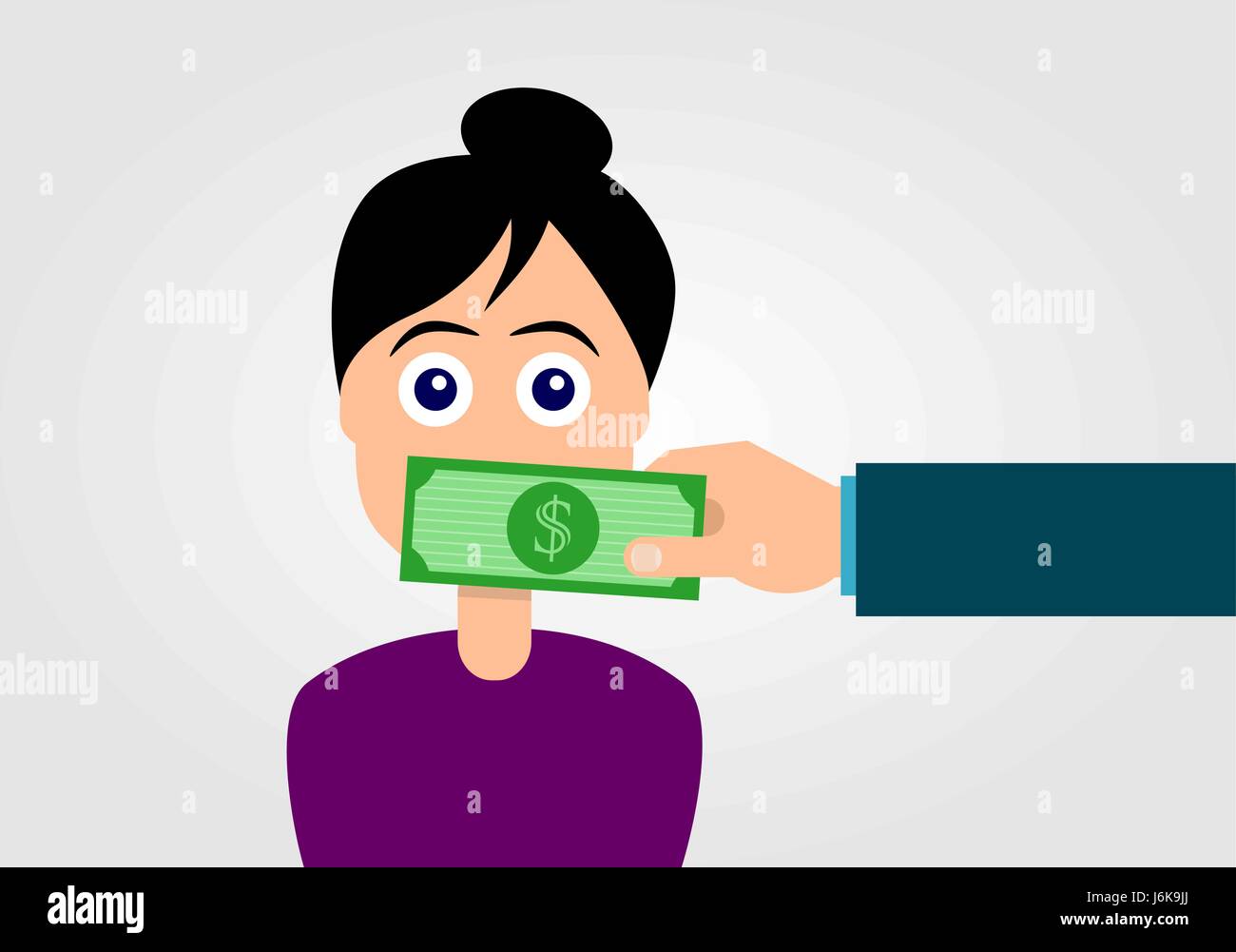 Silenced by money concept. Hand with dollar bill covering the woman's mouth. Bribe, bribery money, corruption concept. Lobbyist, lobbying, persuasion. Stock Vector