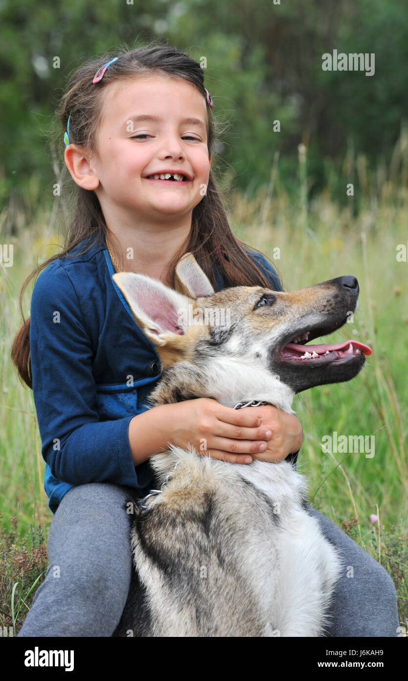 small tiny little short dog puppy wolf child girl girls laugh laughs laughing Stock Photo