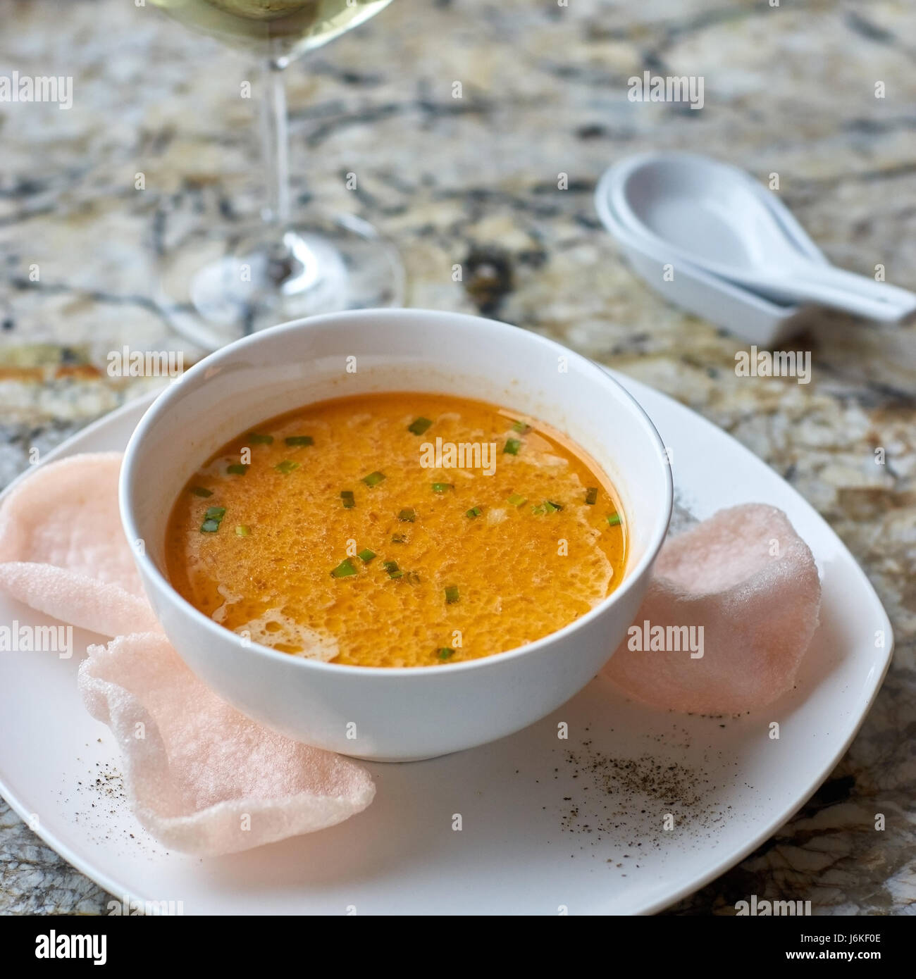 Creamy crab soup on marble background Stock Photo Alamy