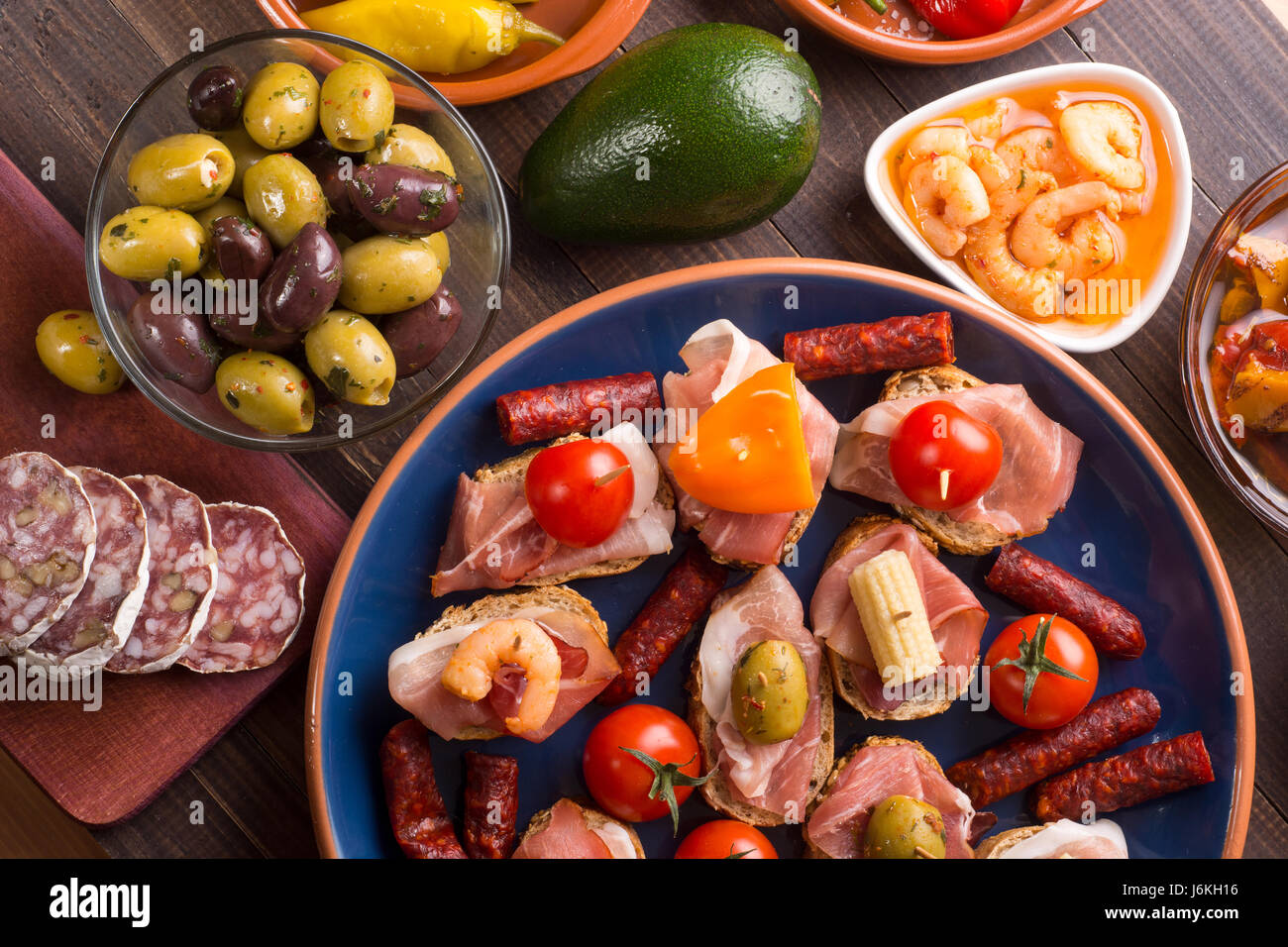 Top view of table with variety of mediterranean appetizers - tapas ...