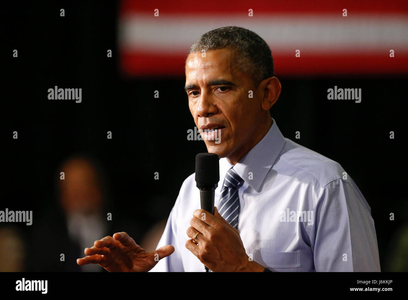 President Barack Obama answers questions during a town hall meeting at Ivy Tech in Indianapolis. Obama talked about his proposal to offer two years of free community college to eligible students, at Ivy Tech Community College. The program would require students to maintain at least a 2.5 GPA. Stock Photo