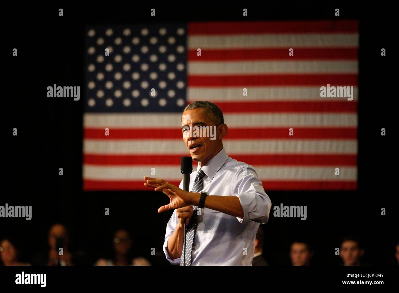 President Barack Obama answers questions during a town hall meeting at Ivy Tech in Indianapolis. Obama talked about his proposal to offer two years of free community college to eligible students, at Ivy Tech Community College. The program would require students to maintain at least a 2.5 GPA. Stock Photo