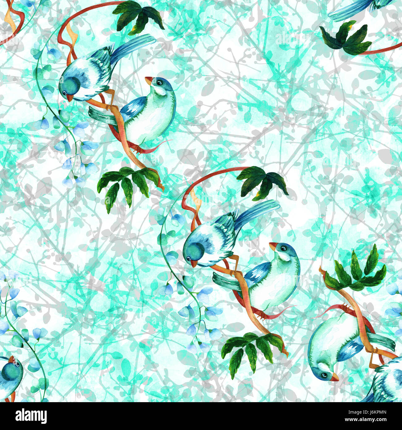 A seamless pattern with a couple of vibrant teal blue watercolor birds ...