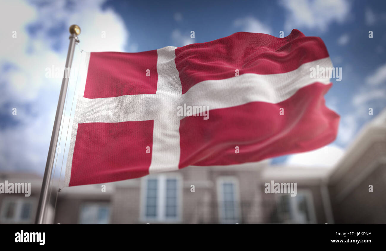 Denmark Flag 3D Rendering on Blue Sky Building Background Stock Photo