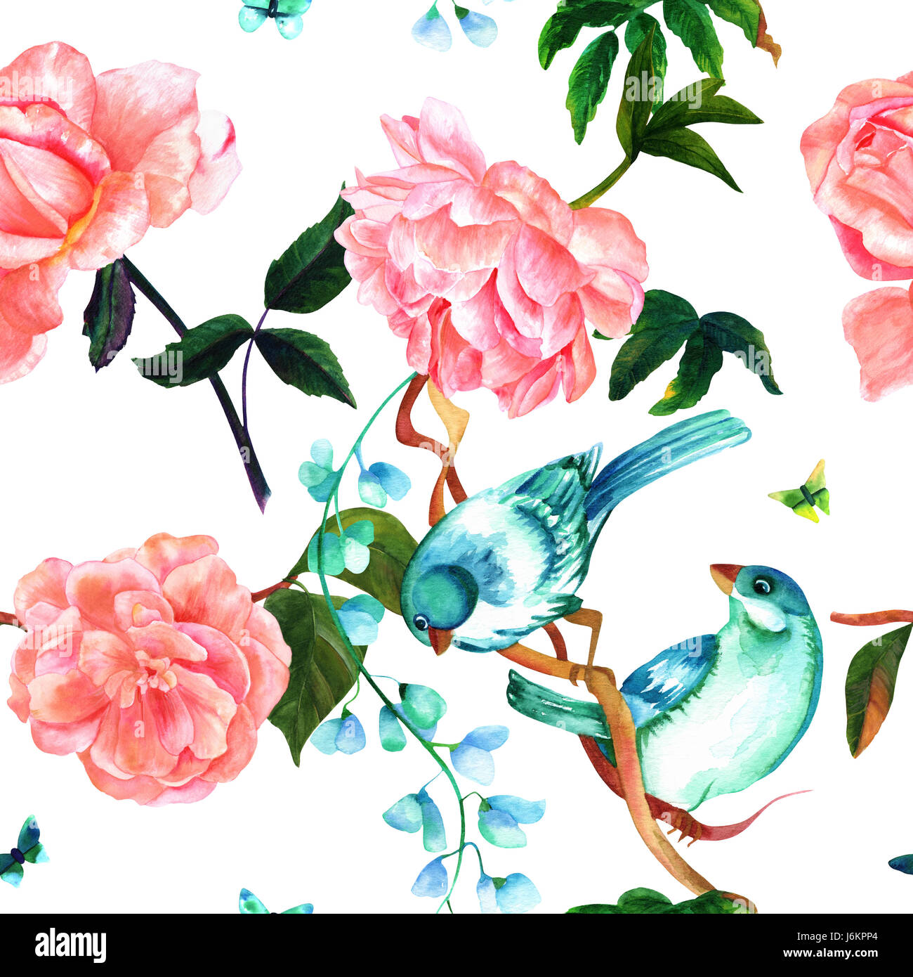 Seamless pattern with watercolor drawings of vibrant teal blue birds ...